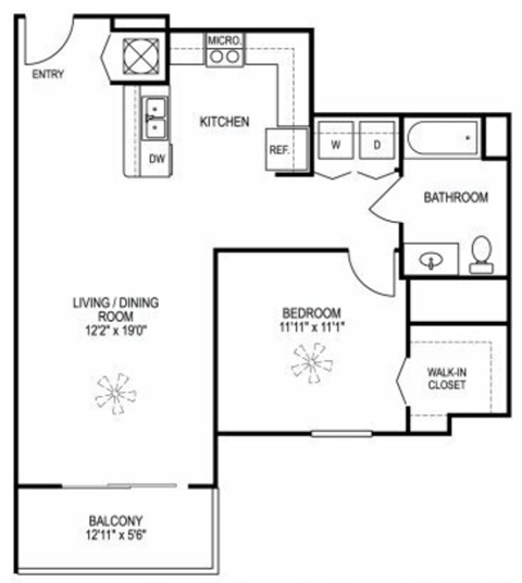 Floor plan for 1 bed, 1 bath, 672 sqft
